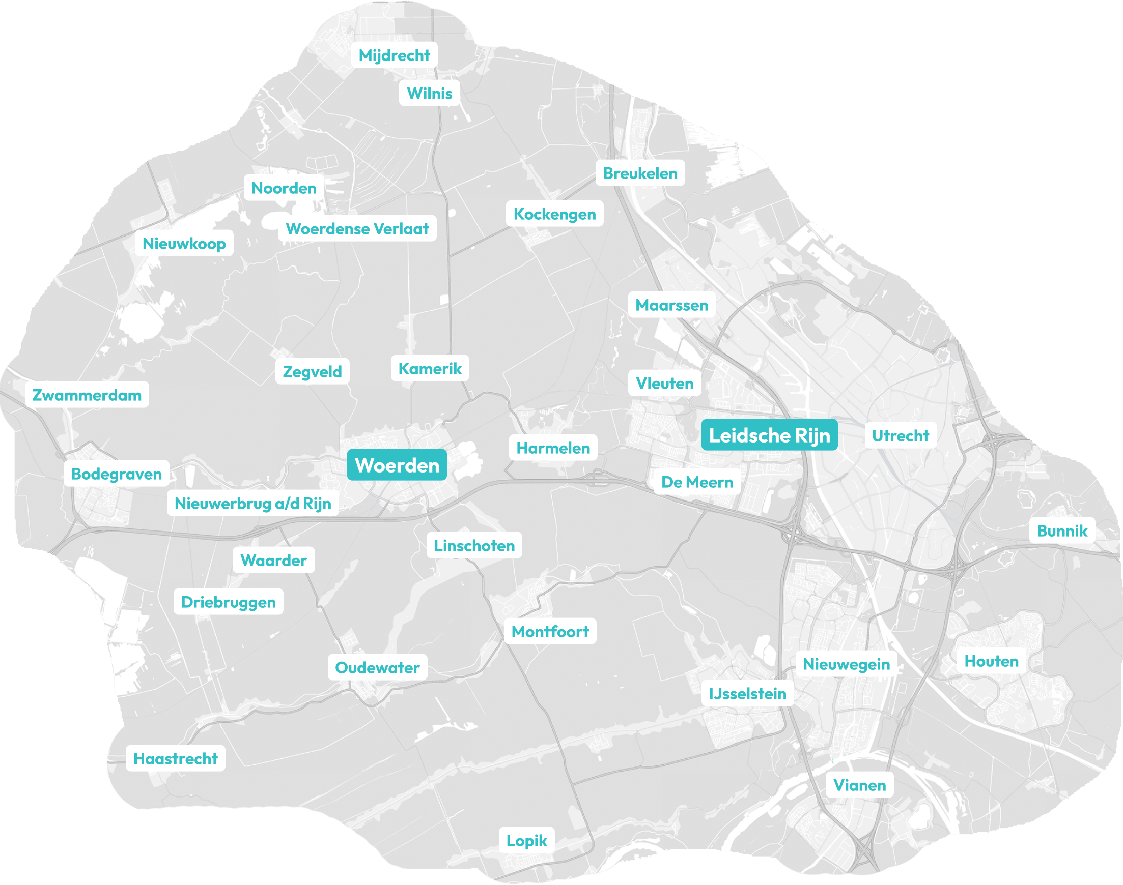 Kaart van het werkgebied rond Woerden en Leidsche Rijn
