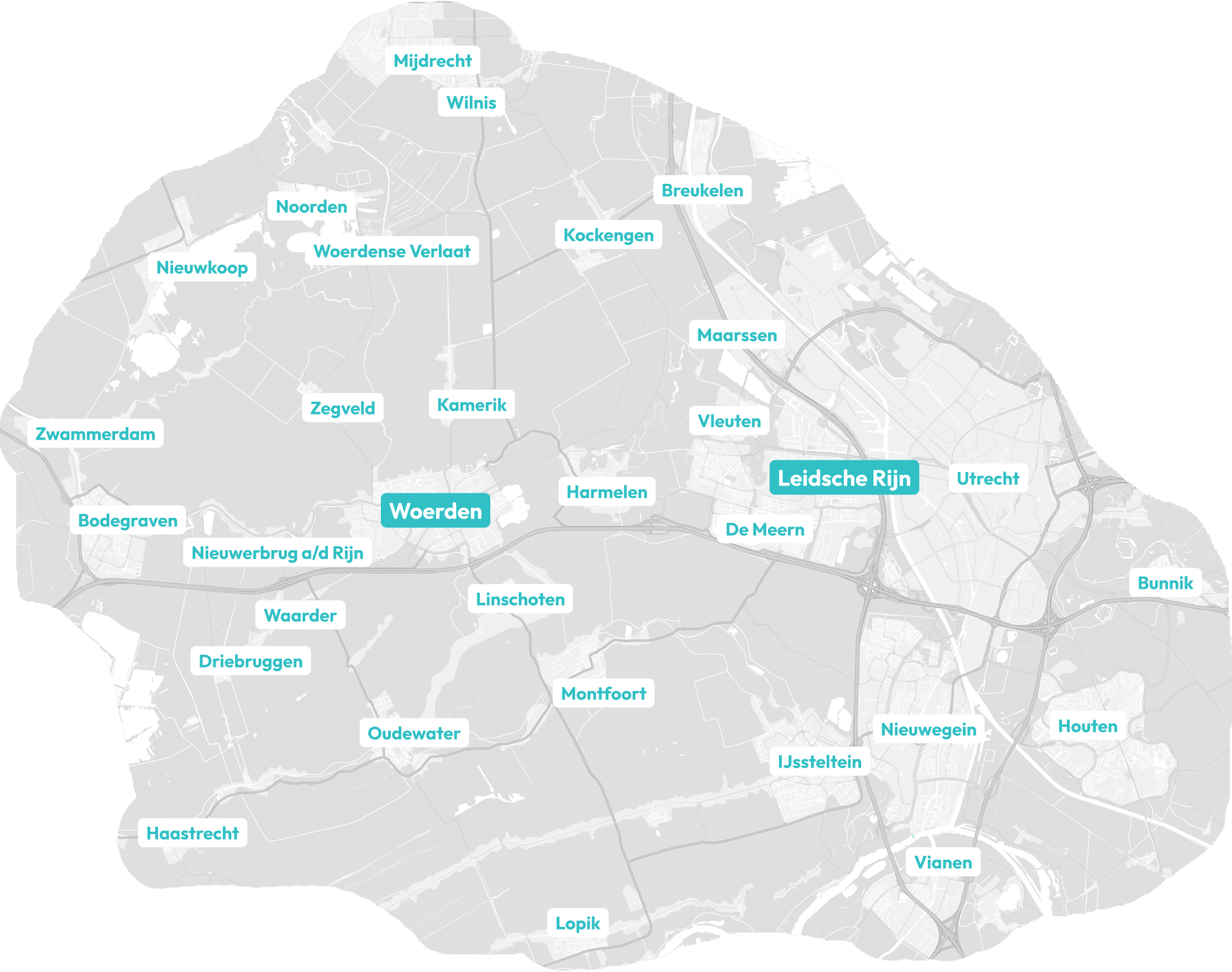Kaart van het werkgebied rond Woerden en Leidsche Rijn